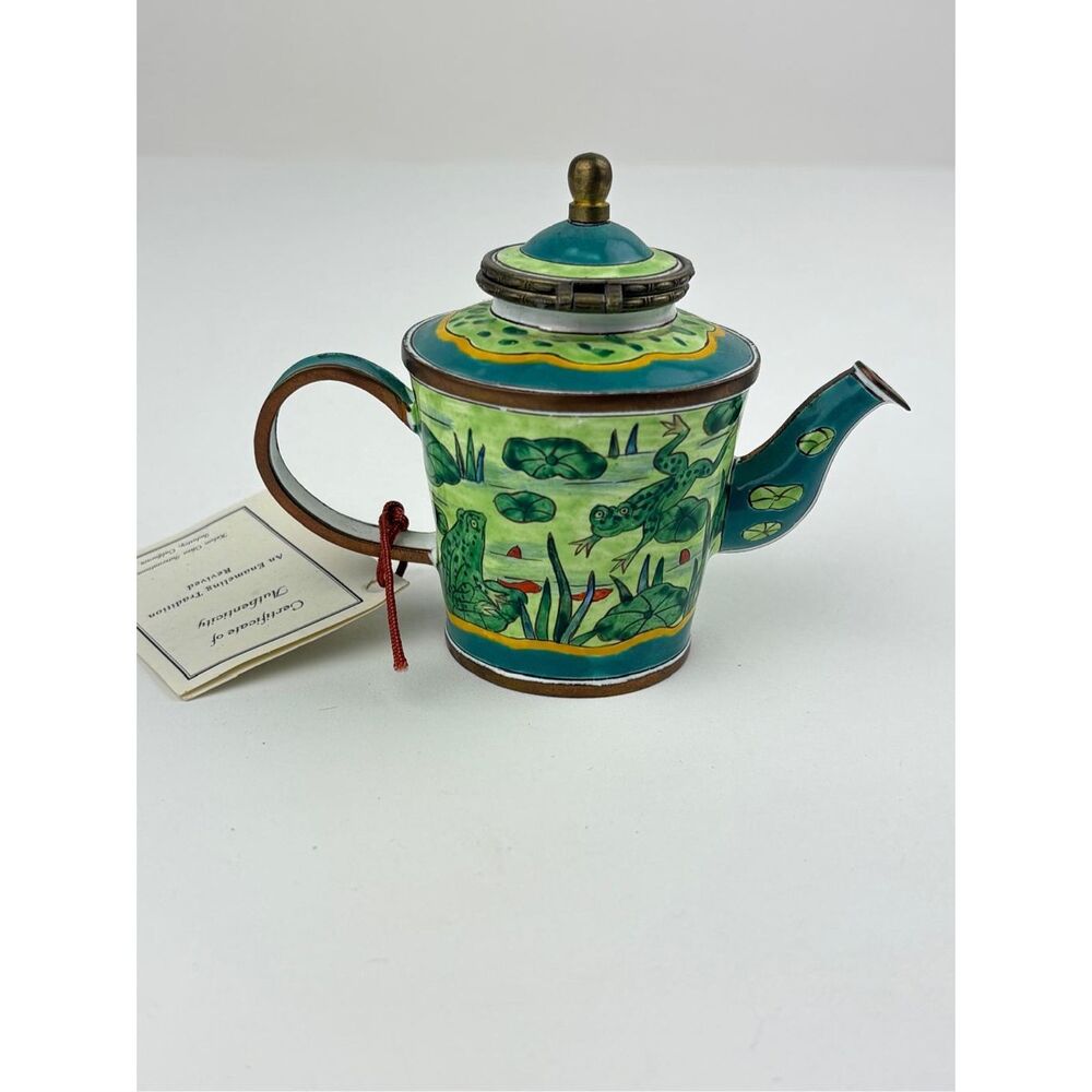 NOS Kelvin Chen Miniature Enamel Copper Decorative Teapot Jumping Frogs on Pond